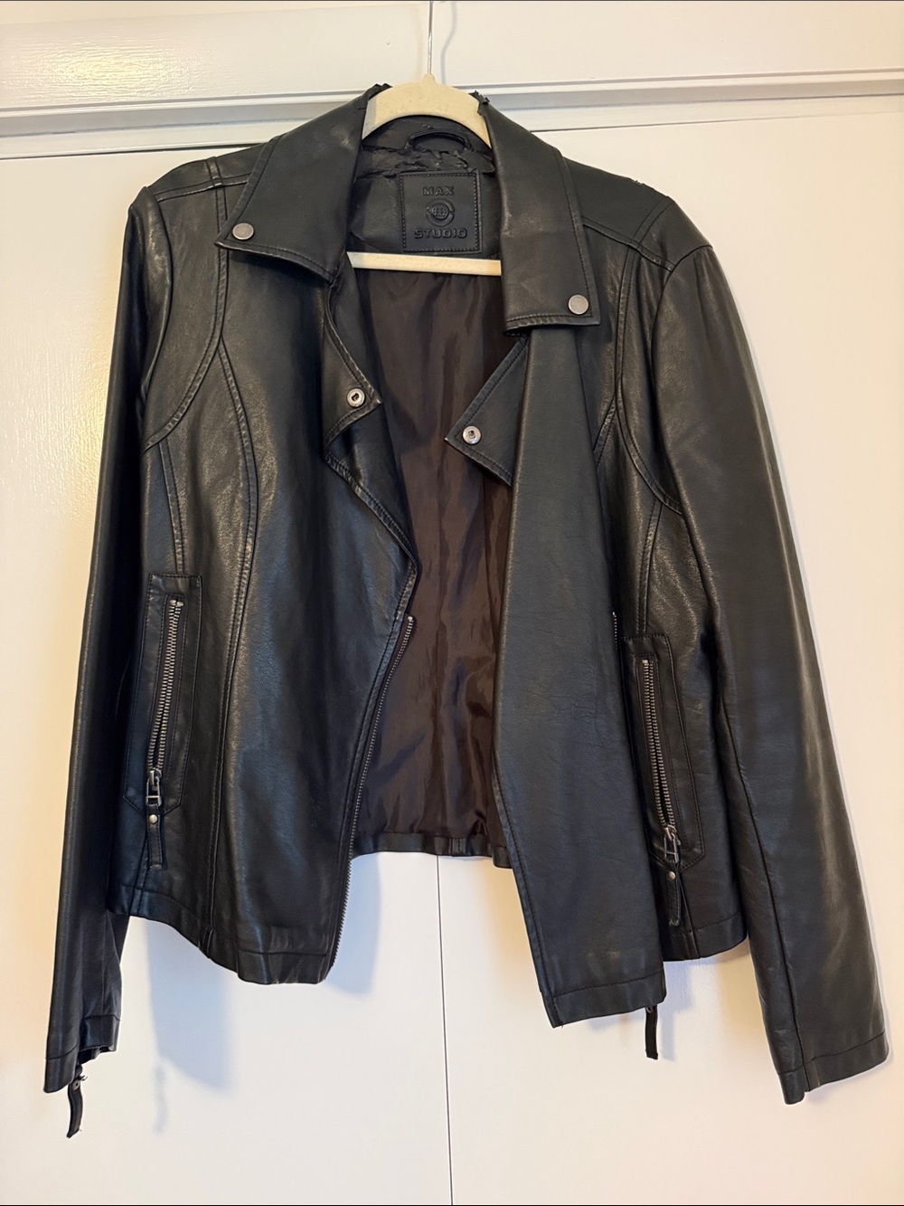 Max Studio Black Leather Moto Jacket with Silver Hardware